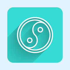 White line Yin Yang symbol of harmony and balance icon isolated with long shadow. Green square button. Vector