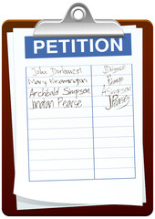 Clipboard with a petition page with a list of signatures 