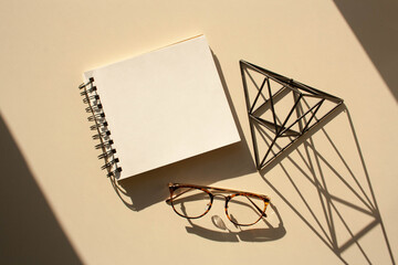 Notepad and fashion glasses. Contrasting shadows trend, sunny day. Empty space. Mock up