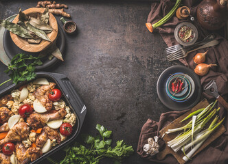 Food background with tasty chicken drumstick casserole, ingredients for healthy cooking and kitchen utensils. Top view. Frame