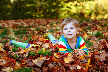 Adorable little kid boy lying in autumn leaves in colorful fashion clothing. Happy child having fun...
