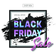Fototapeta na wymiar Neon holographic black friday sale text social media post banner vector design. Holographic purple blue calligraphic Black Friday Sale text with hand drawn lettering elements. Banner poster web layout