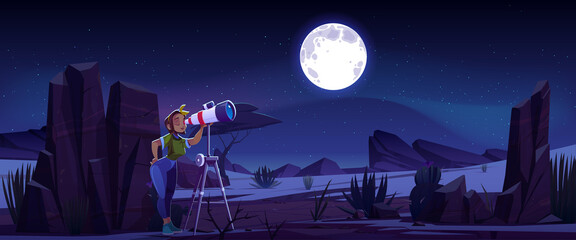 Woman look in telescope, curious young girl explore moon and stars on dark night sky. Astronomy science learning, space exploration, galaxy observation, hobby or studying, Cartoon vector illustration