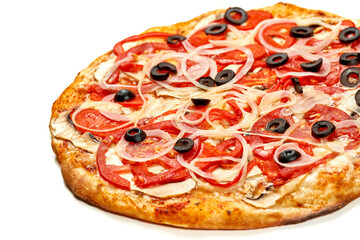Pizza with ham and tomatoes, olives, sauce and melted cheese, crispy sides, isolated on white background
