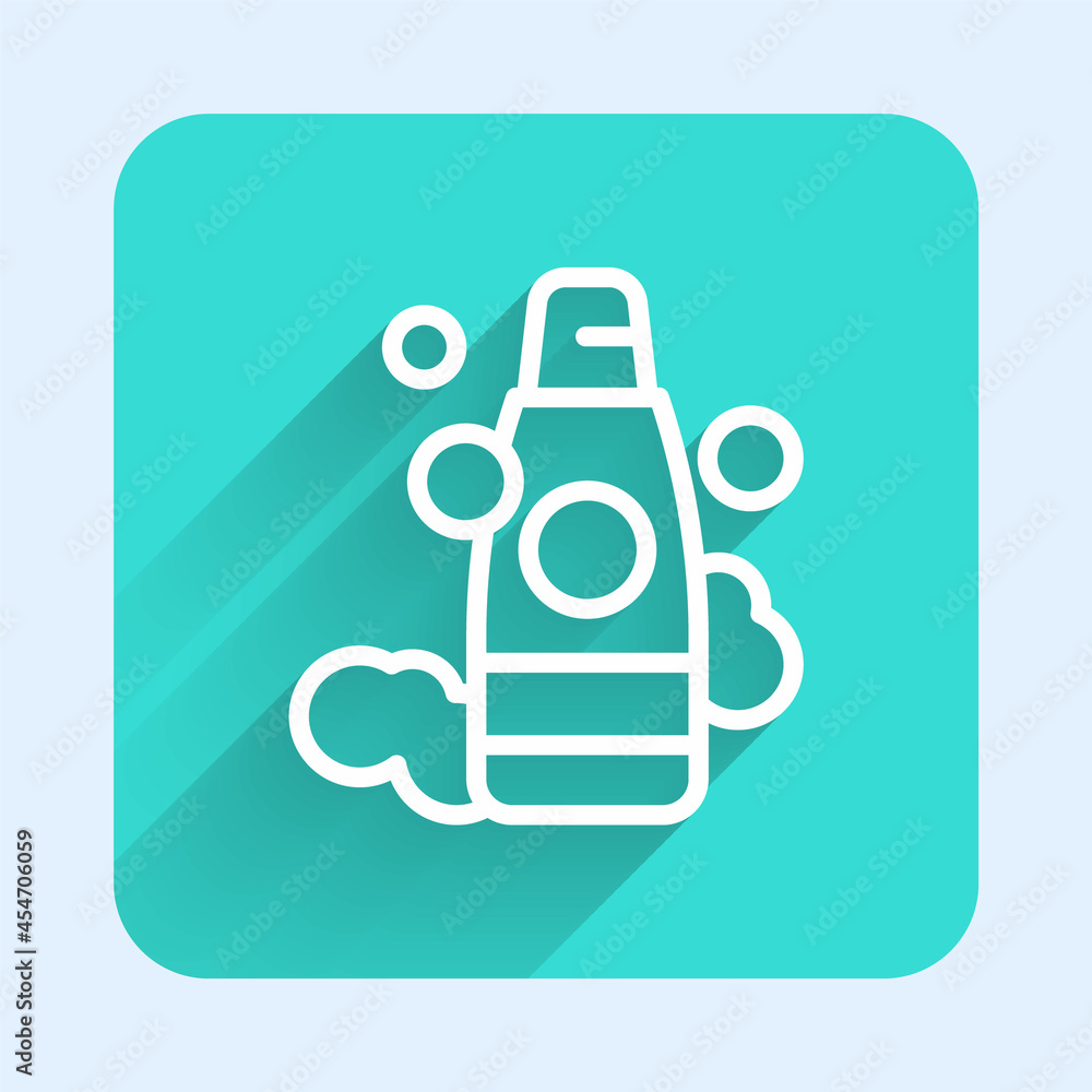 Poster white line bottle of shampoo icon isolated with long shadow. green square button. vector
