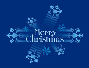 Fototapeta na wymiar Snowflakes background, merry christmas lettering. Illustration of blue stylized snowflakes for christmas greeting on blue background. Vector available.