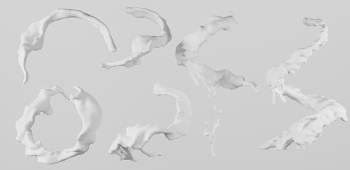 Milk splash or pouring, 3d render. Natural dairy products, yogurt or cream in liquid swirl with flying drops. Realistic set spiral and round waves for packaging design isolated on white background