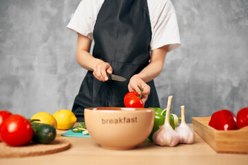 Cook lunch at home vegetarian food cutting board