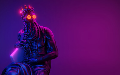 Statue Moses in bitcoin glasses and crown on neon background. 3d image.