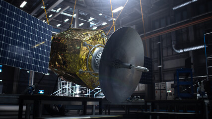 Satellite Under Construction in Dark Aerospace Technology Manufacturing Facility. Development of Spacecraft for Space Exploration, Navigation, Communications, Internet Telecommunication, Observation.  © Gorodenkoff