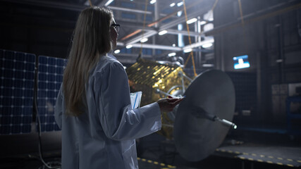 Industrial Female Engineer Working on Artificial Satellite Construction. Aerospace Agency: Scientist Using Computer to Develop Spacecraft for Space Exploration and Data Communication.