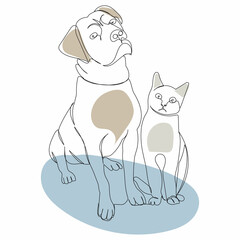 picture, continuous line drawing of dog and cat