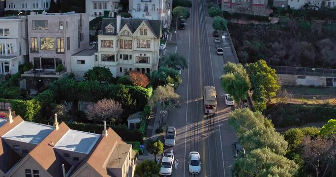 Aerial: San Francisco cable car at on Russian Hill. California, USA