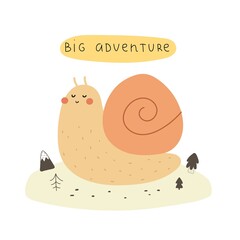 big Adventure. cartoon snail, hand drawing lettering, decor elements. flat style, colorful vector for kids. baby design for cards, poster decoration, t-shirt print