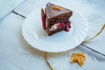 piece of chocolate cake on white plate