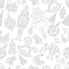 Line Christmas vector seamless Nutcracker pattern.  Seamless pattern can be used for wallpaper, pattern fills, web page background, surface textures.