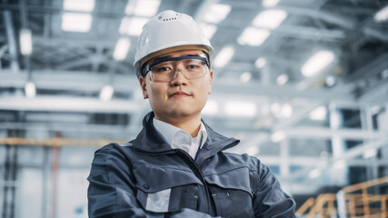 Portrait of a Professional Asian Heavy Industry Engineer Wearing Safety Uniform, Glasses and Hard Hat, Looking into the Camera. Confident Chinese Industrial Specialist Standing in a Factory Facility.