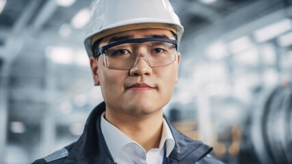 Portrait of a Professional Asian Heavy Industry Engineer Smiling on Camera. Confident Chinese Industrial Specialist Standing in a Factory Facility, Wearing Safety Uniform, Glasses and Hard Hat. 