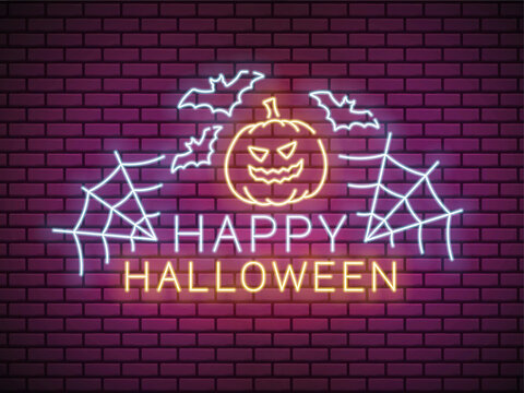 Happy Halloween. Neon concept design with flying bats, pupkin and  spider's web. Vector illustration on  brick wall background.