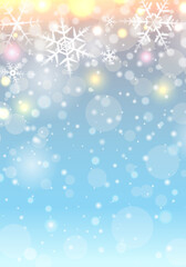 キラキラのボケと雪の結晶の水色の背景のベクターイラスト(クリスマス,抽象,アブストラクト,雪,白)