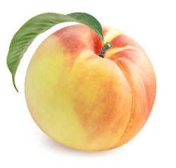 Peach fruit with leaf isolated on white background, Fresh Peach on White Background With clipping path, 