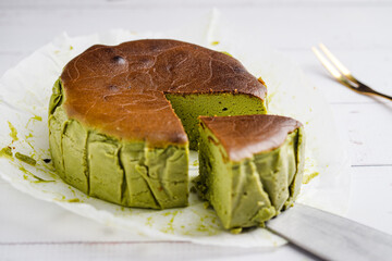 Matcha Burnt Cheesecake sliced and ready to serve.