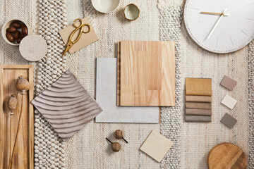 Flat lay of creative architect moodboard composition with samples of building, beige textile and natural materials and personal accessories. Top view, template. - obrazy, fototapety, plakaty
