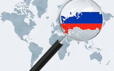 World map with a magnifying glass pointing at Russia. Map of Russia with the flag in the loop.