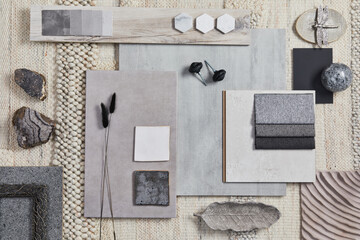 Flat lay of creative architect moodboard composition with samples of building, beige textile and...