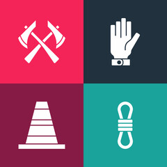 Set pop art Climber rope, Traffic cone, Firefighter gloves and axe icon. Vector