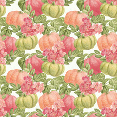 Festive pumpkins. Watercolor seamless pattern. Suitable for backgrounds, textiles, wallpapers, fabrics