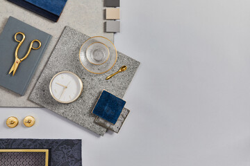 Flat lay of creative architect moodboard composition with samples of building, textile and natural materials and personal accessories. Top view,  white background, template. - obrazy, fototapety, plakaty