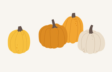 Hand-drawn autumn card with pumpkins. Concept of fall, autumn, harvesting time, thanksgiving. Colored vector illustration, isolated on beige.