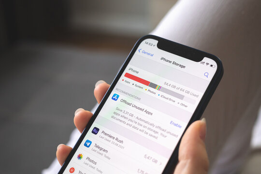 Kharkov, Ukraine - August 25, 2021: Full storage on Apple iPhone 12, setting screen close-up
