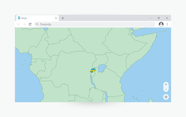 Browser window with map of Rwanda, searching  Rwanda in internet.