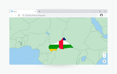 Obraz premium Browser window with map of Central African Republic, searching Central African Republic in internet.