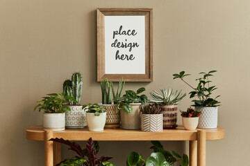 Creative composition of cozy plants lover home interior design with mock up poster frame, wooden furniture and different plants in designed pots. Home garden and nature love concepts. Template.