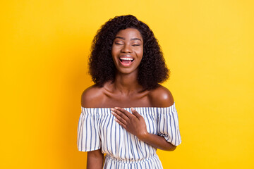Portrait of attractive dreamy cheerful brunette girl laughing having fun enjoying isolated over...