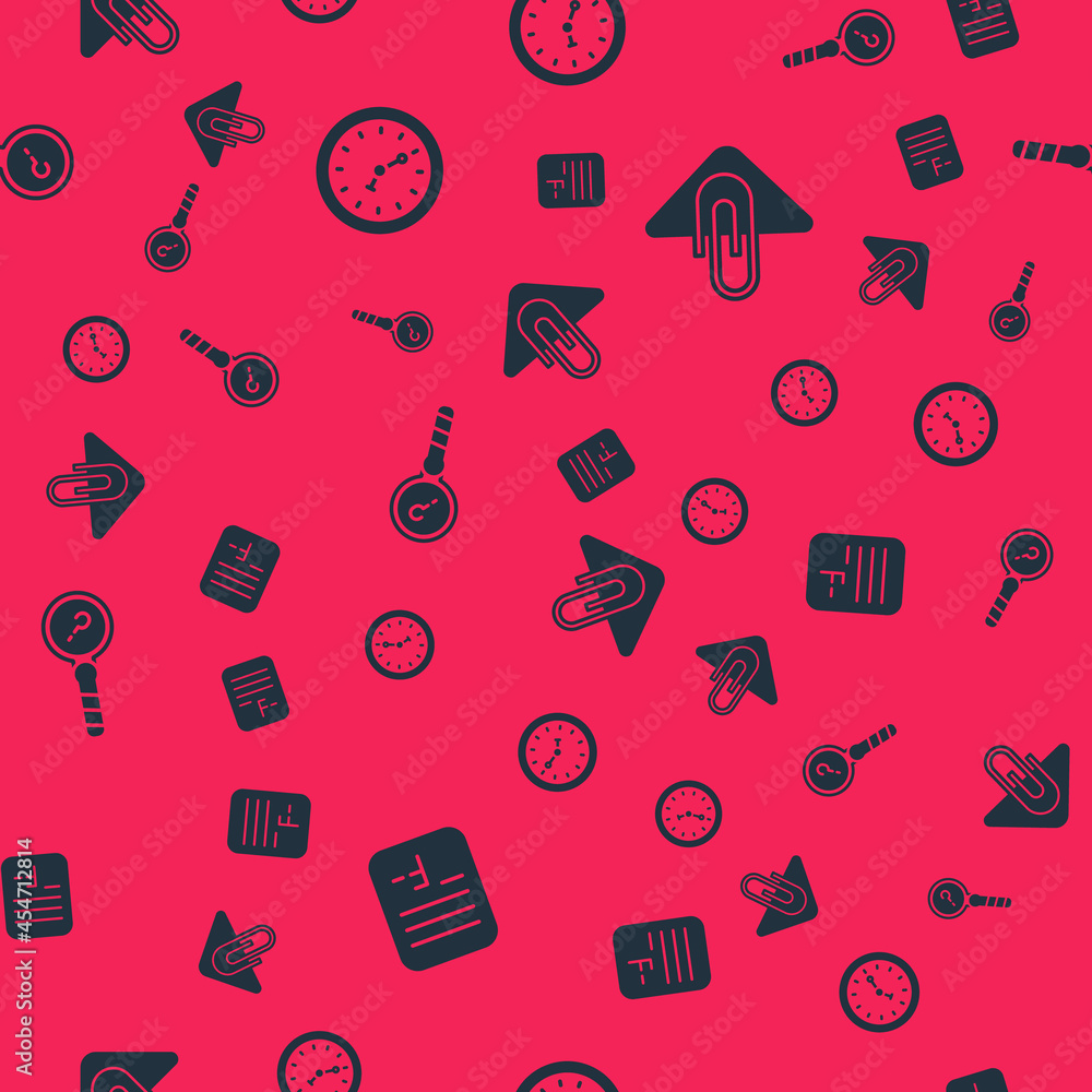 Poster set exam paper with incorrect answers, clock, unknown search and paper clip on seamless pattern. vec