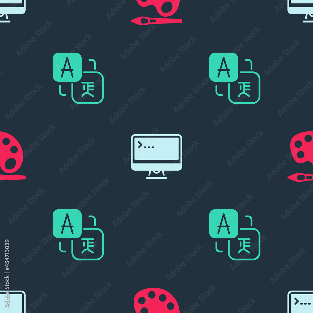 Poster set paint brush with palette, computer monitor and translator on seamless pattern. vector