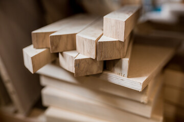 Close-up of blocks of wood for carpentry work. Wood blanks for joinery in the workshop. DIY, hobby, handcraft..Selective focus