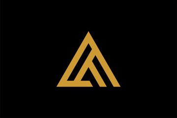 Mountain logo design vector. Triangle abstract illustration symbol. Letter AM outline sign. Gold adventure vector icon.