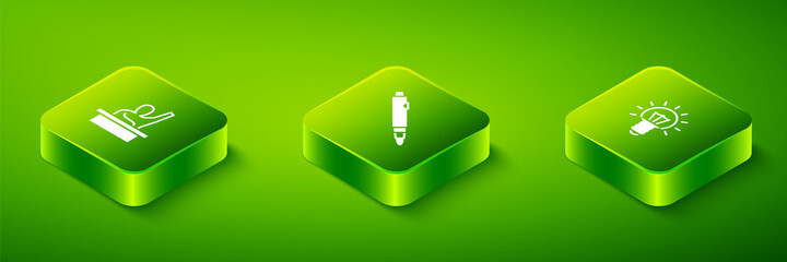 Set Isometric Marker pen, Light bulb and Male kid raising hand icon. Vector