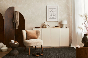 Stylish composition of cozy living room interior design with mock up poster frame, fluffy armchair,...