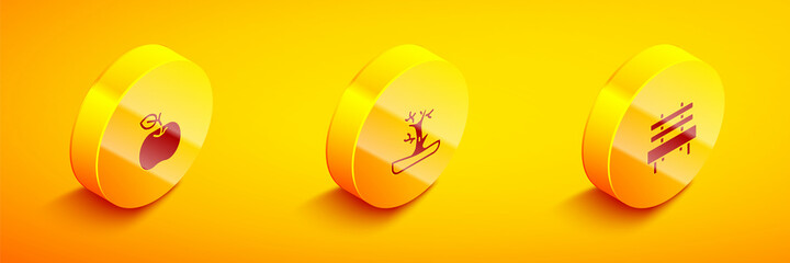 Set Isometric Apple, Bare tree and Bench icon. Vector