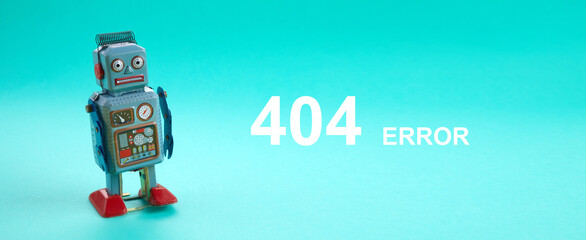 Page not found template. Robot toy repairman. 404 error warning message.