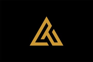Mountain logo design vector. Triangle abstract illustration symbol. Letter AM outline sign. Gold adventure vector icon.
