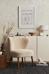 Stylish composition of cozy living room interior design with mock up poster frame, fluffy armchair,...