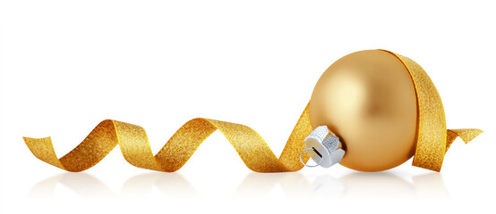 Golden christmas ball with ribbon isolated over white background.