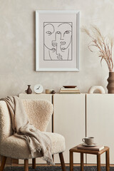 Stylish composition of cozy living room interior design with mock up poster frame, fluffy armchair,...